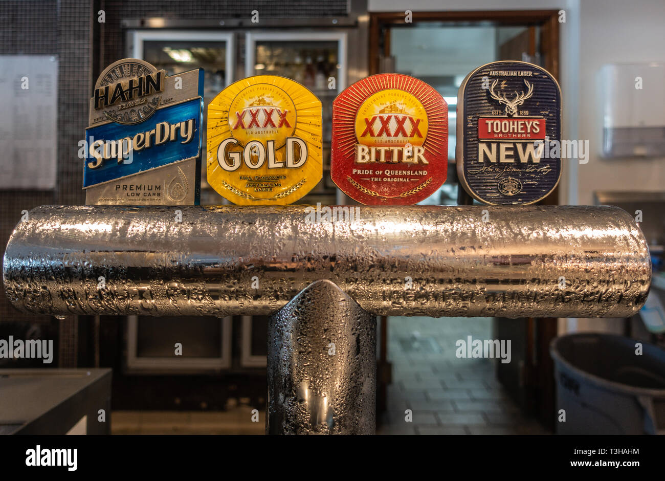 Hamilton Island, Australia - February 16, 2019: Closeup of Beer tap system  at Mariners on the Marina serving Hahn Superdry, XXXX Gold, XXXX Bitter and  Stock Photo - Alamy