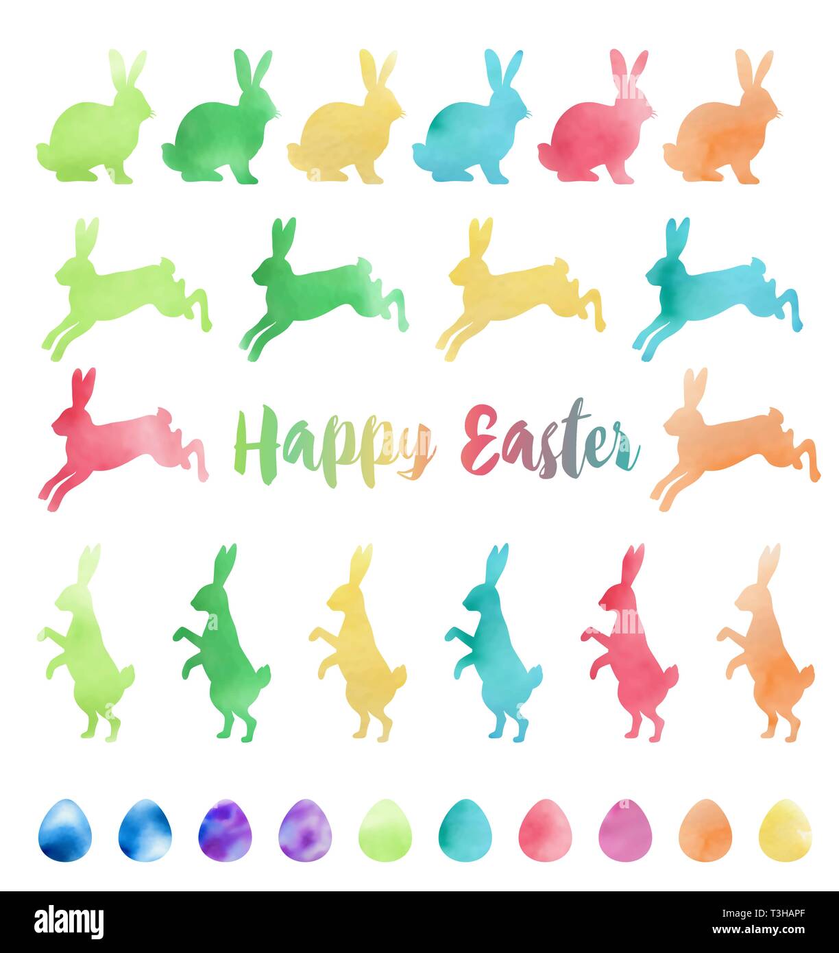Set of vector watercolor Easter design elements. Easter rabbits and eggs on a white background. Stock Vector