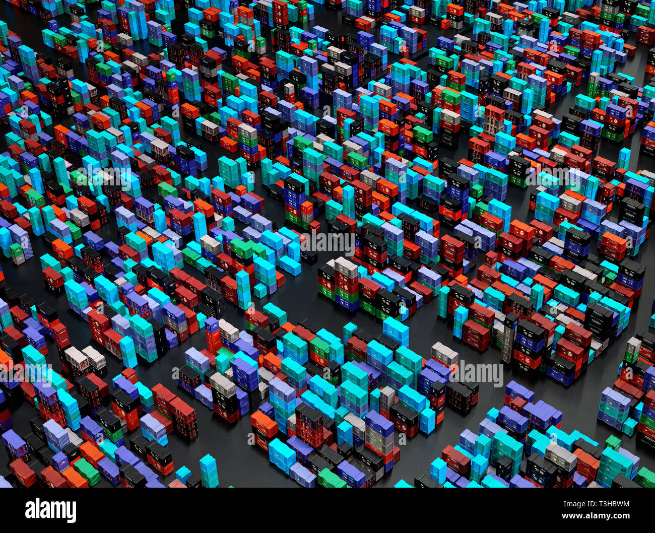 Drone pile of shipping containers freight cargo in city depot warehouse. Outdoor solving logistical urban problems. Birds eye view shooting . 3d rende Stock Photo