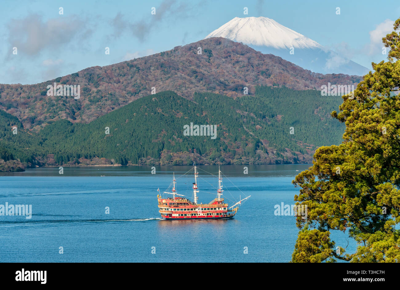 Lake Ashi (Ashinoko) sightseeing pirate ship Royal II with Mt.Fuji at the background, Hakone, Japan Stock Photo
