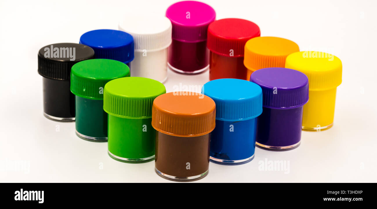 Multi color paint containers Stock Photo
