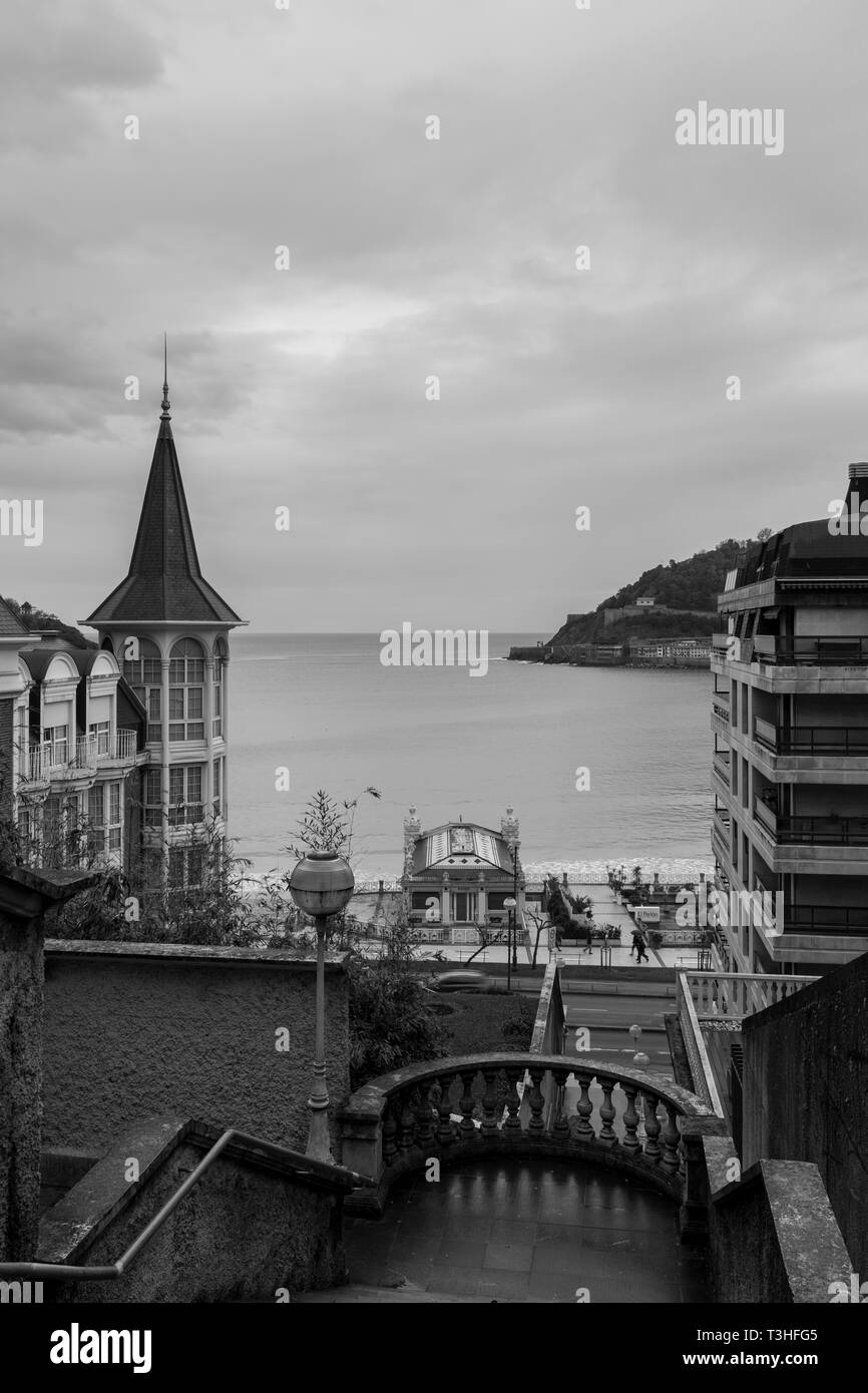 Black and White street view of one of San Sebastián's bays. Stock Photo