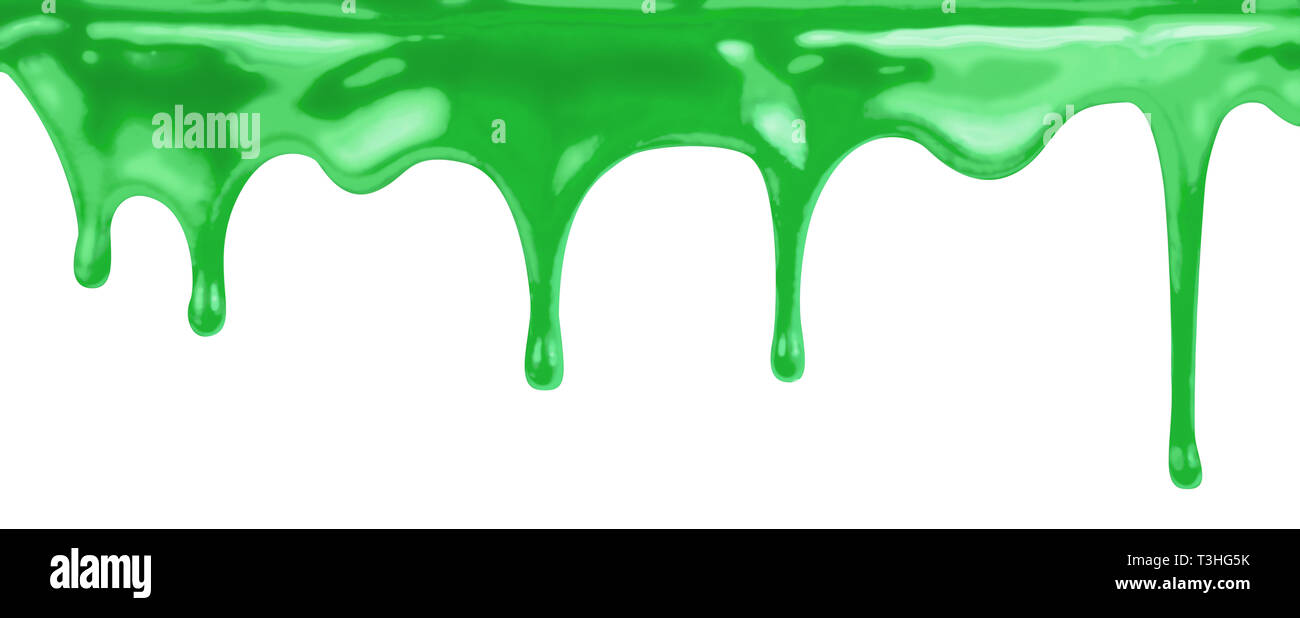 liquid green paint dripping on white with clipping path included Stock Photo