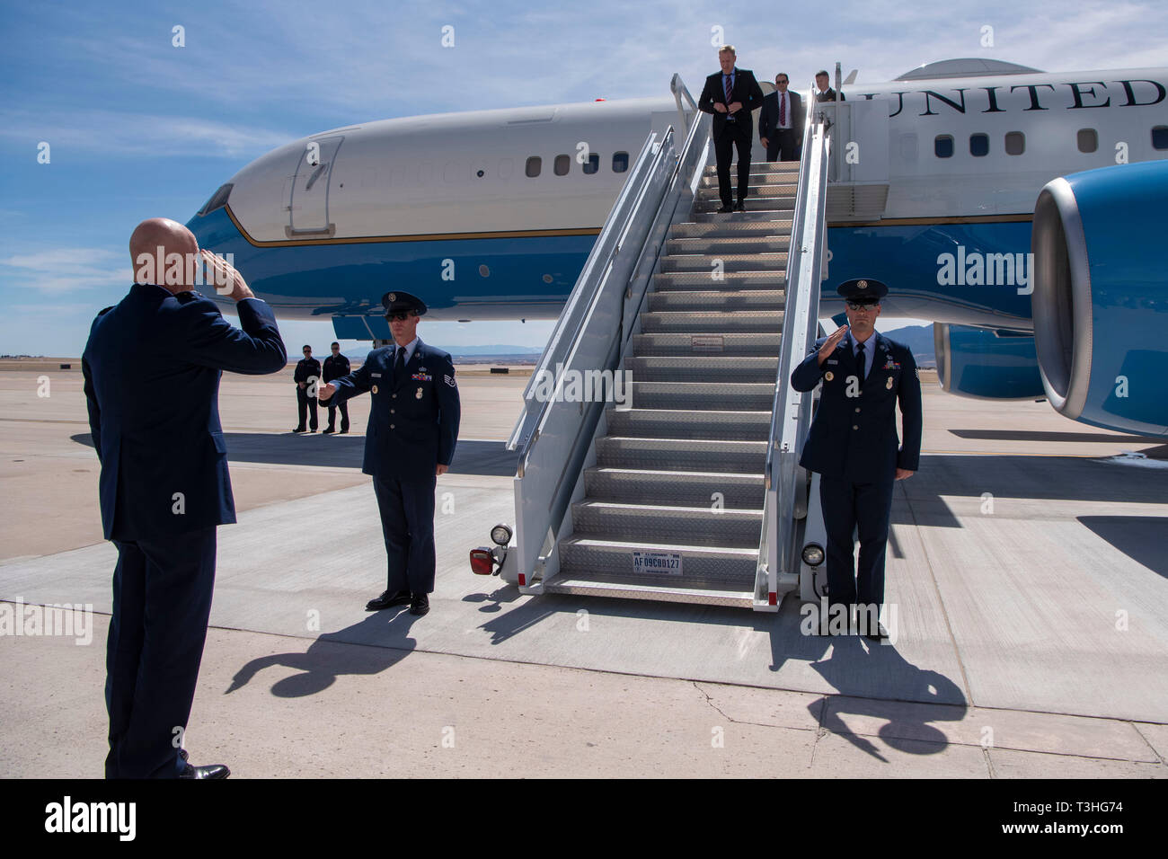 U.S. Acting Secretary of Defense Patrick M. Shanahan greets the commander of U.S. Air Force Space Command, Air Force Gen. John W. “Jay” Raymond, Peterson Air Force Base, Colorado, April 8, 2019. (DoD photo by Lisa Ferdinando) Stock Photo