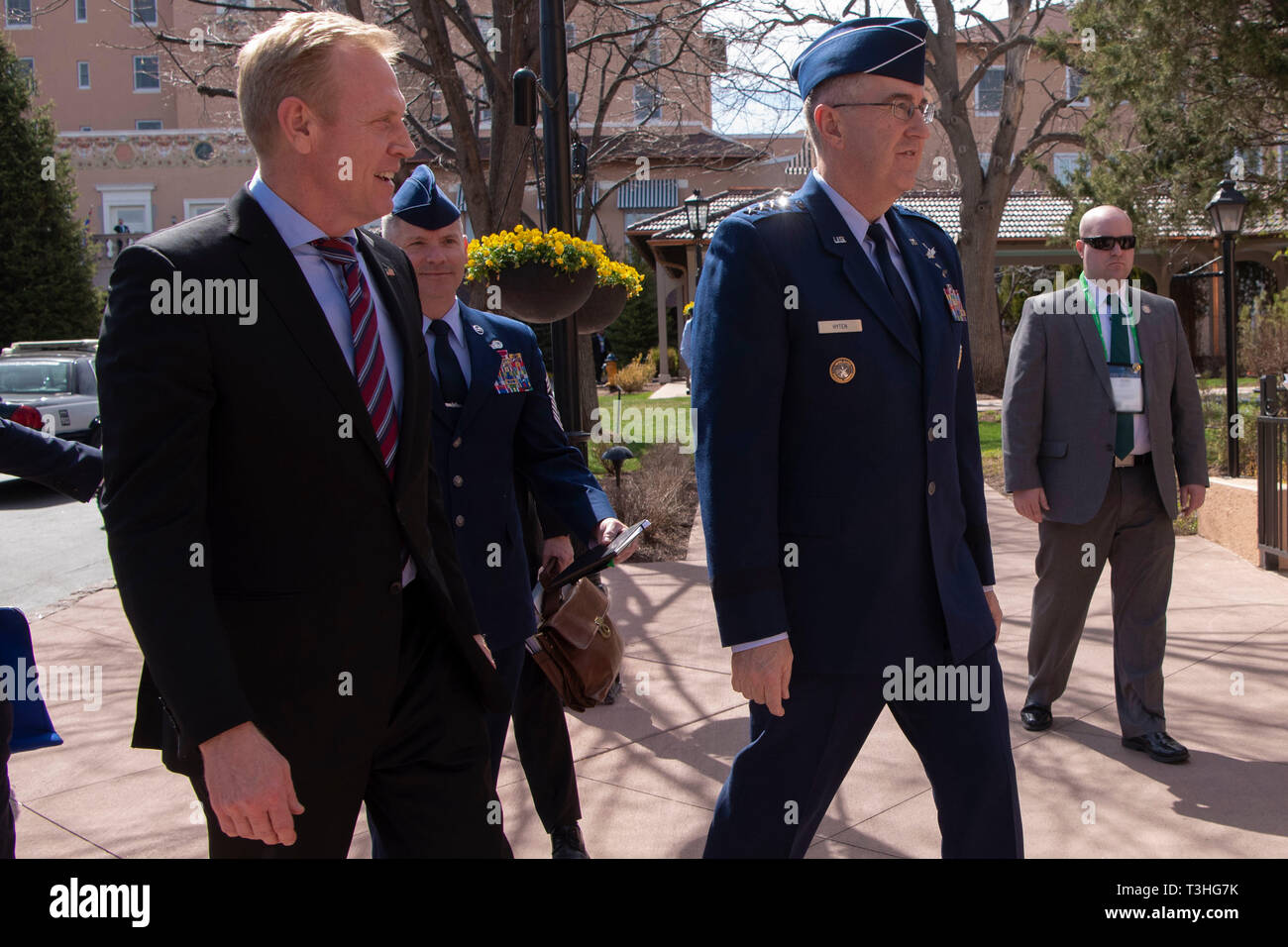 U.S. Acting Secretary of Defense Patrick M. Shanahan greets the commander of U.S. Strategic Command, Air Force Gen. John E. Hyten, Colorado Springs, Colorado, April 8, 2019. (DoD photo by Lisa Ferdinando) Stock Photo
