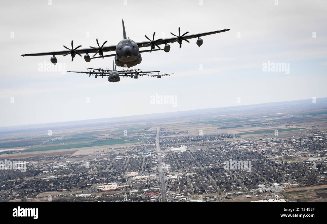 A formation of MC130J Commando II’s fly over Clovis, N.M., Apr. 2