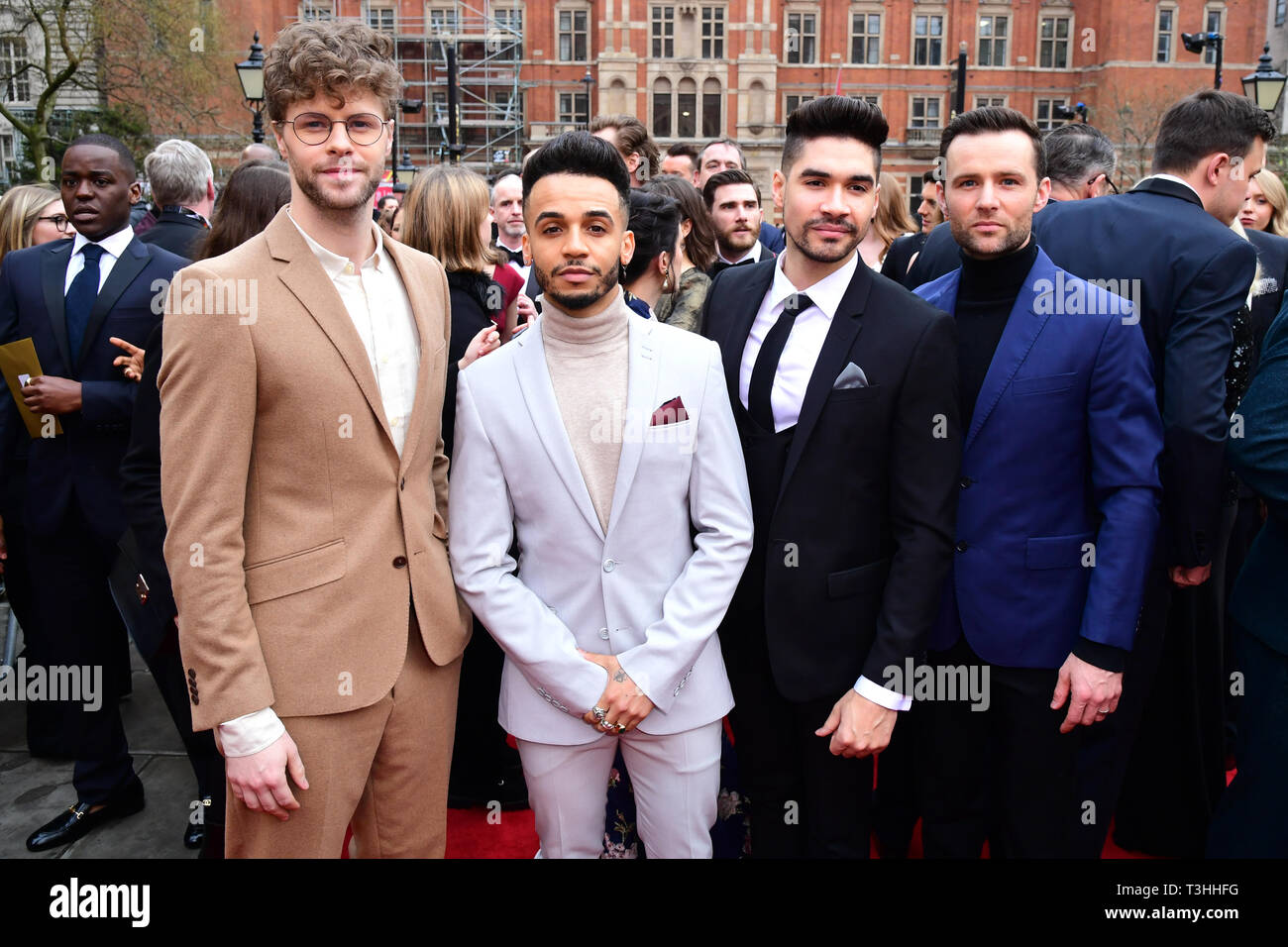 (left to right) Jay McGuiness, Aston Merrygold, Louis Smith and Harry Judd attending the Laurence Olivier Awards, Royal Albert Hall, London. Stock Photo