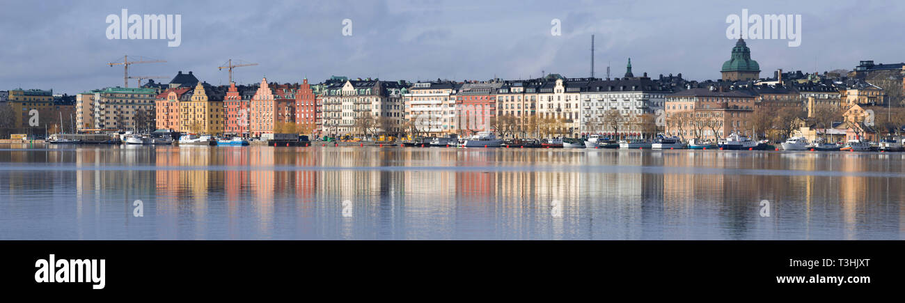 STOCKHOLM, SWEDEN - MARCH 09, 2019: Panorama of the Norr-Malarstrand embankment on a cloudy March day Stock Photo