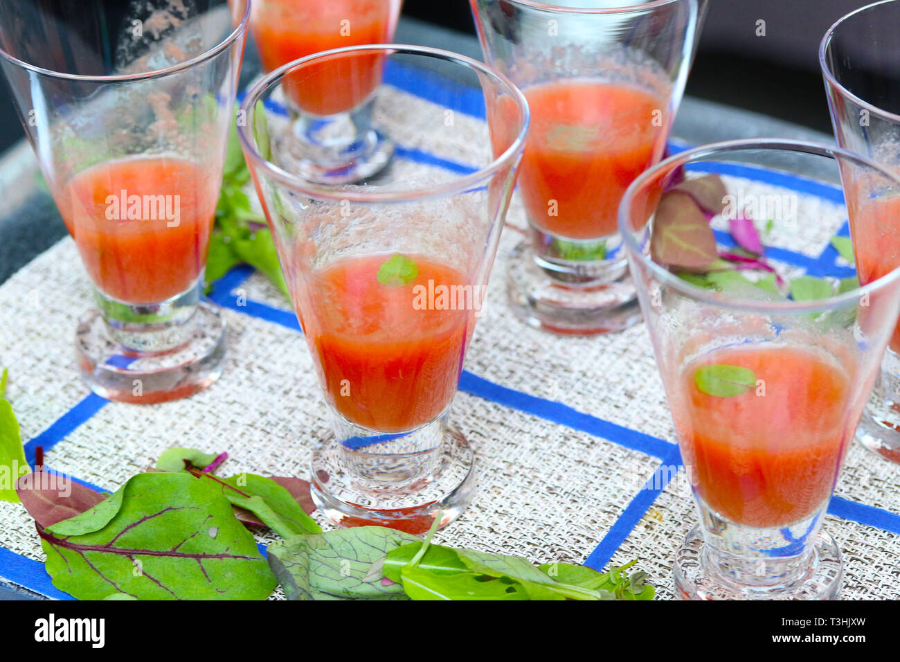 Gazpacho soup in glasses on blue and white tablecloth Stock Photo Alamy
