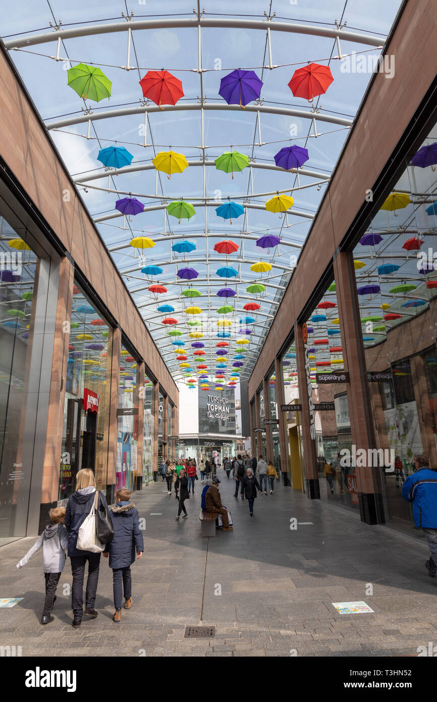 Umbrellas hanging from roof at Princesshay shopping center, Exeter