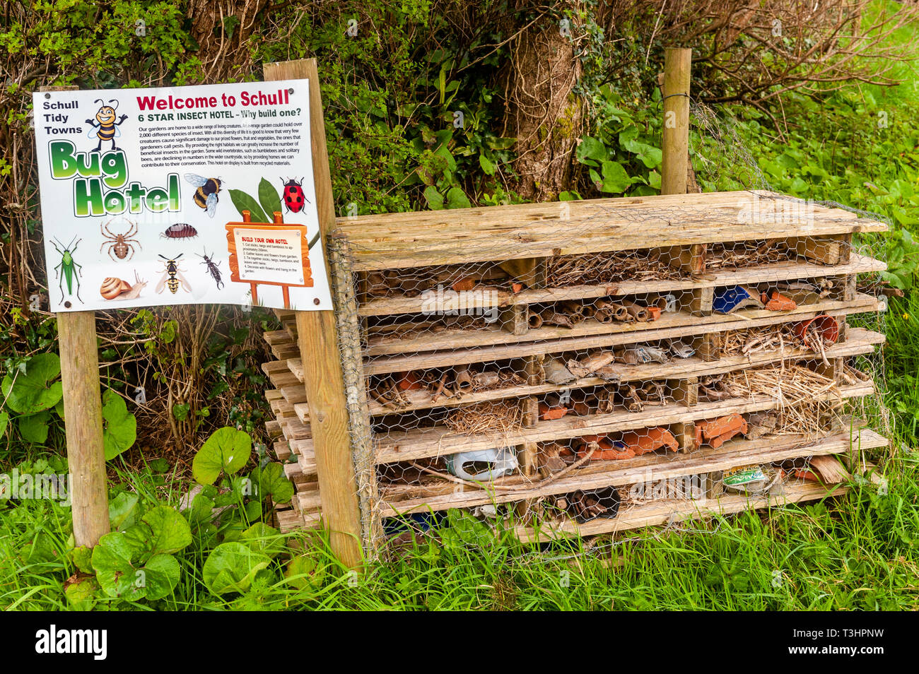 Bug hotel made from pallets and various materials built by Schull Tidy Towns in Schull, West Cork, Ireland. Stock Photo