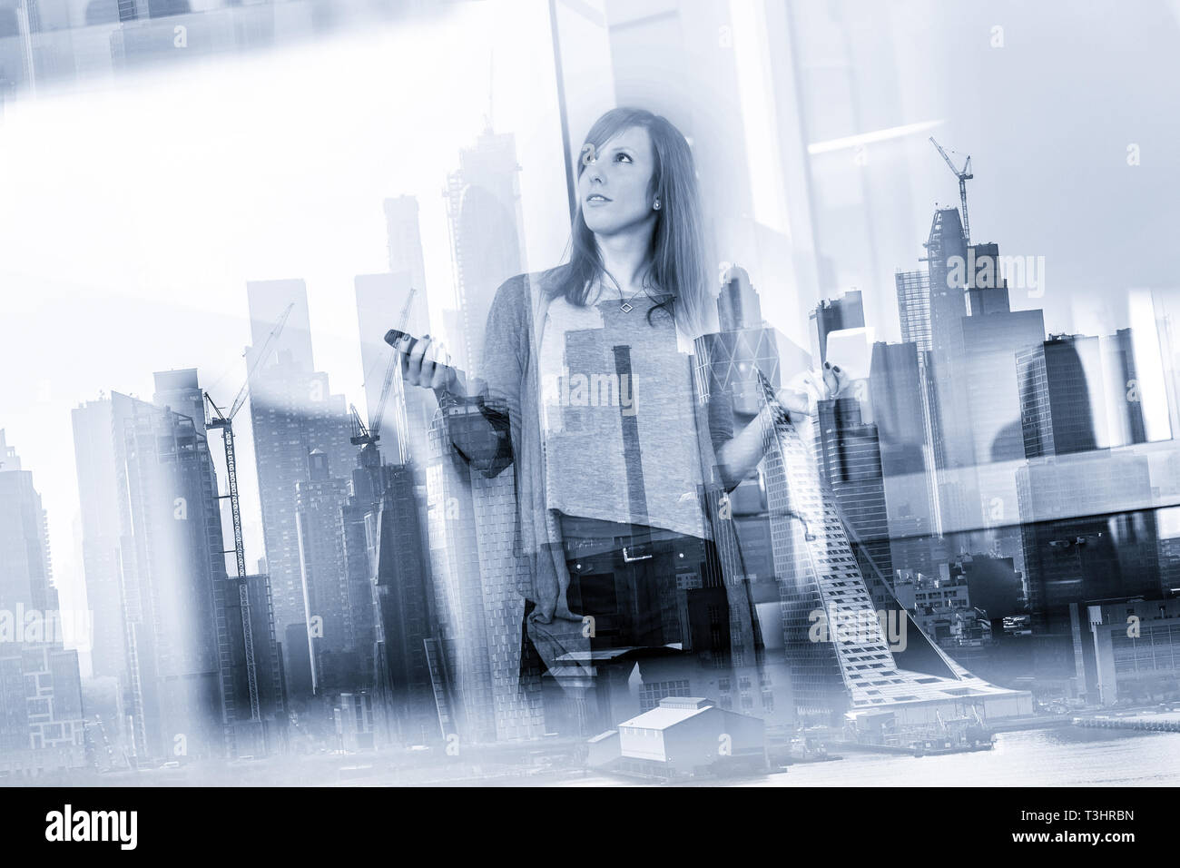Business presentation on startup company meeting against new york city window reflections. Stock Photo