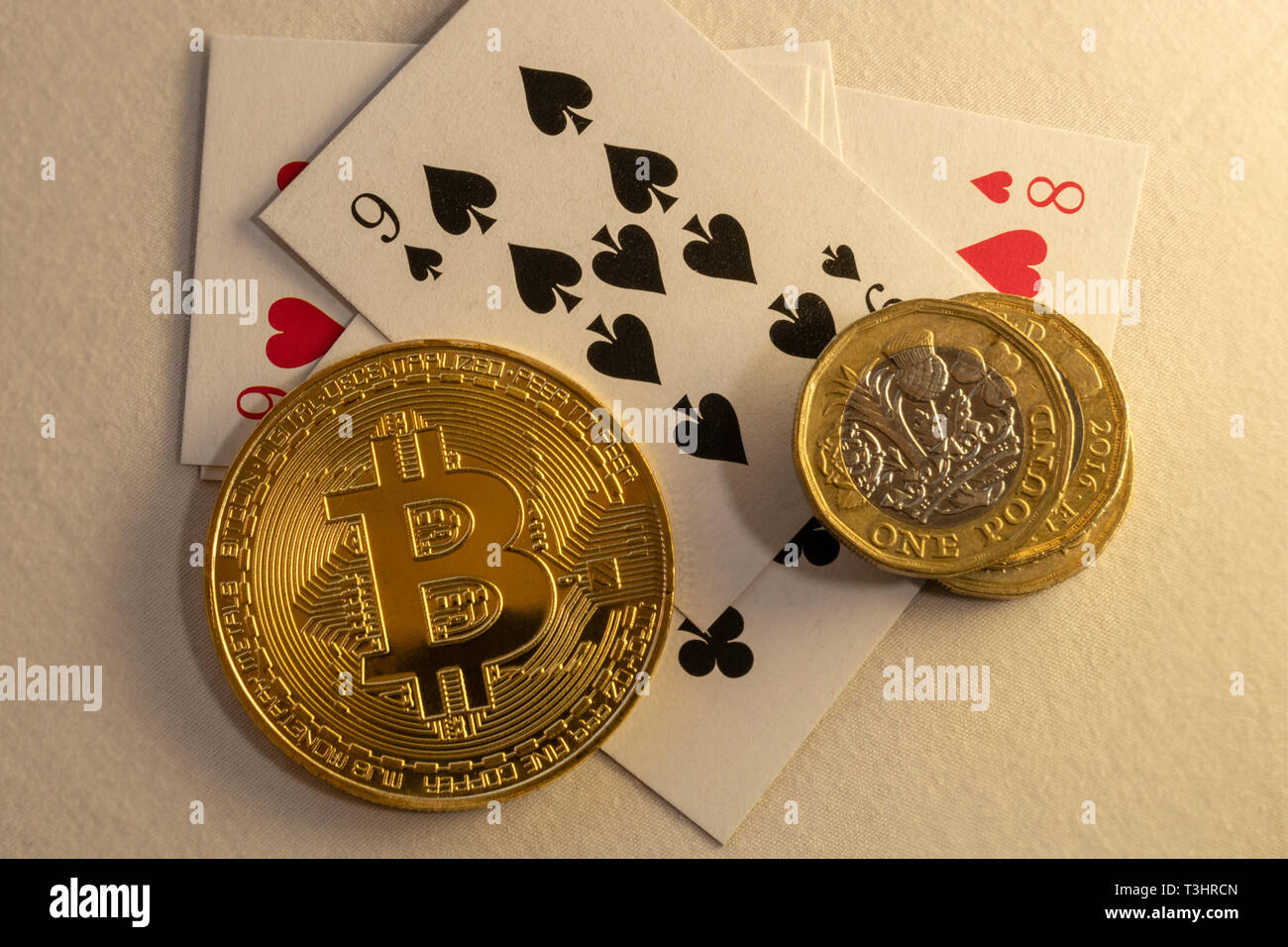Bitcoins on Playing Cards Background. Cryptocurrency concept, bitcoin BTC  and Game Cards. Cryptocurrency lies Playing Cards Close-up Stock Photo -  Alamy