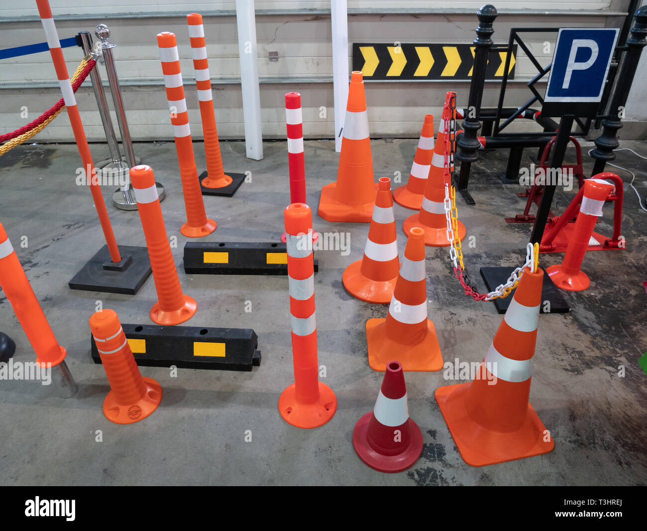 lot of parking traffic cones and limiting driving speed barriers at