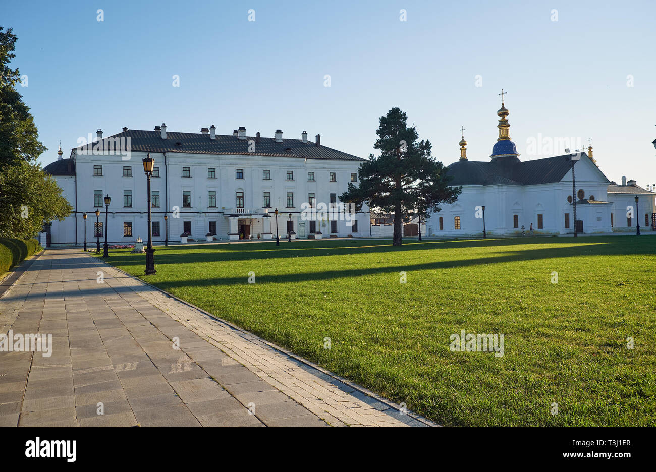 The Sofia court of the Tobolsk Kremlin. The view of the Hierarchal house and the Baroque style Pokrovsky Winter Cathedral. Tobolsk. Russia. Stock Photo