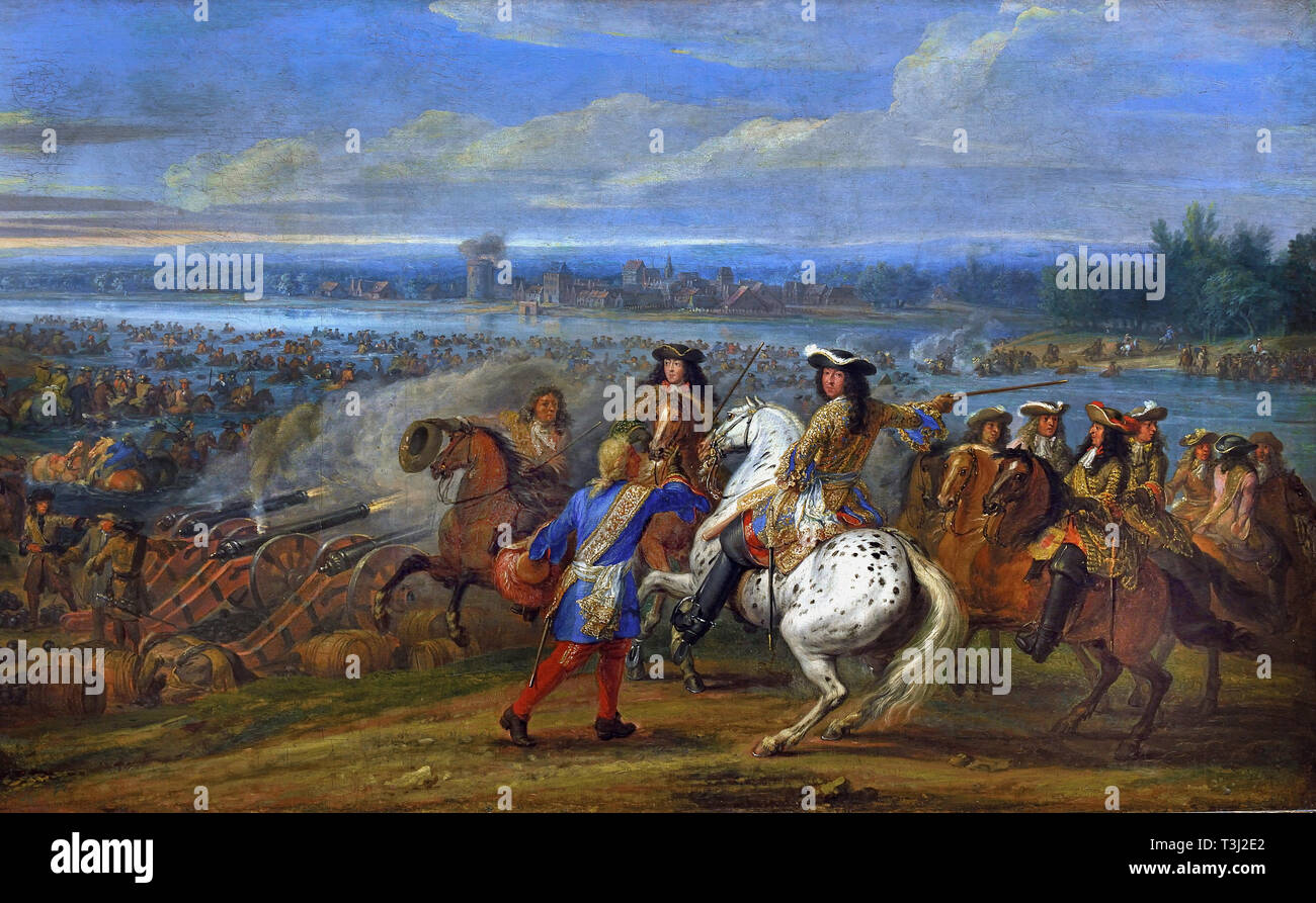 Crossing the Rhine, 1672, Adam Frans van der MEULEN,  1632 – 1690 Belgian, Belgium, Flemish, (King Louis XIV - Dutch War (1672–1678) the crossing of the Rhine by the royal army on 12 June 1672. ) France, French. Stock Photo