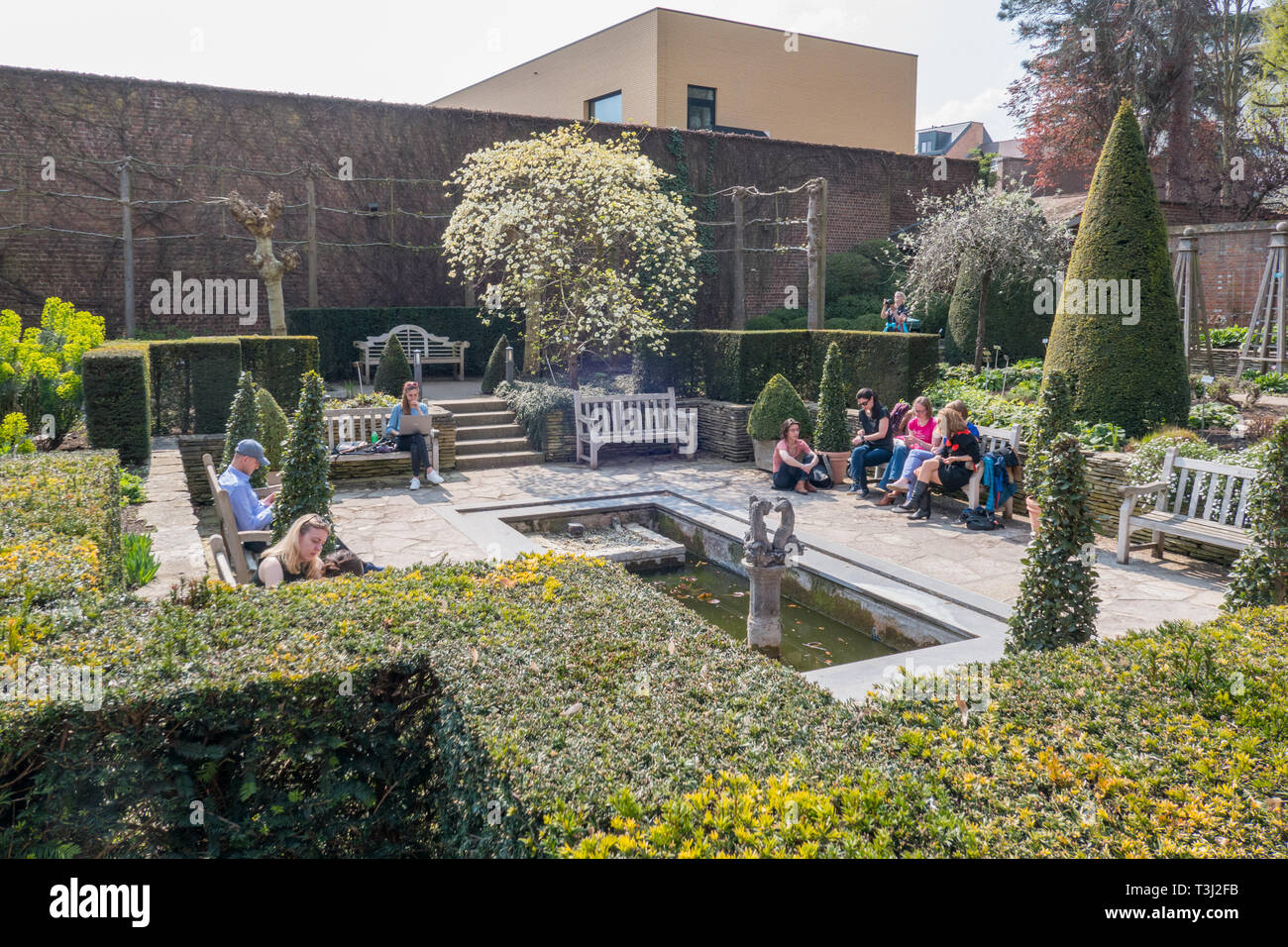 People enjoying a sunny day in the Sunken Garden of the herbal garden ( Kruidtuin ) in Leuven Stock Photo