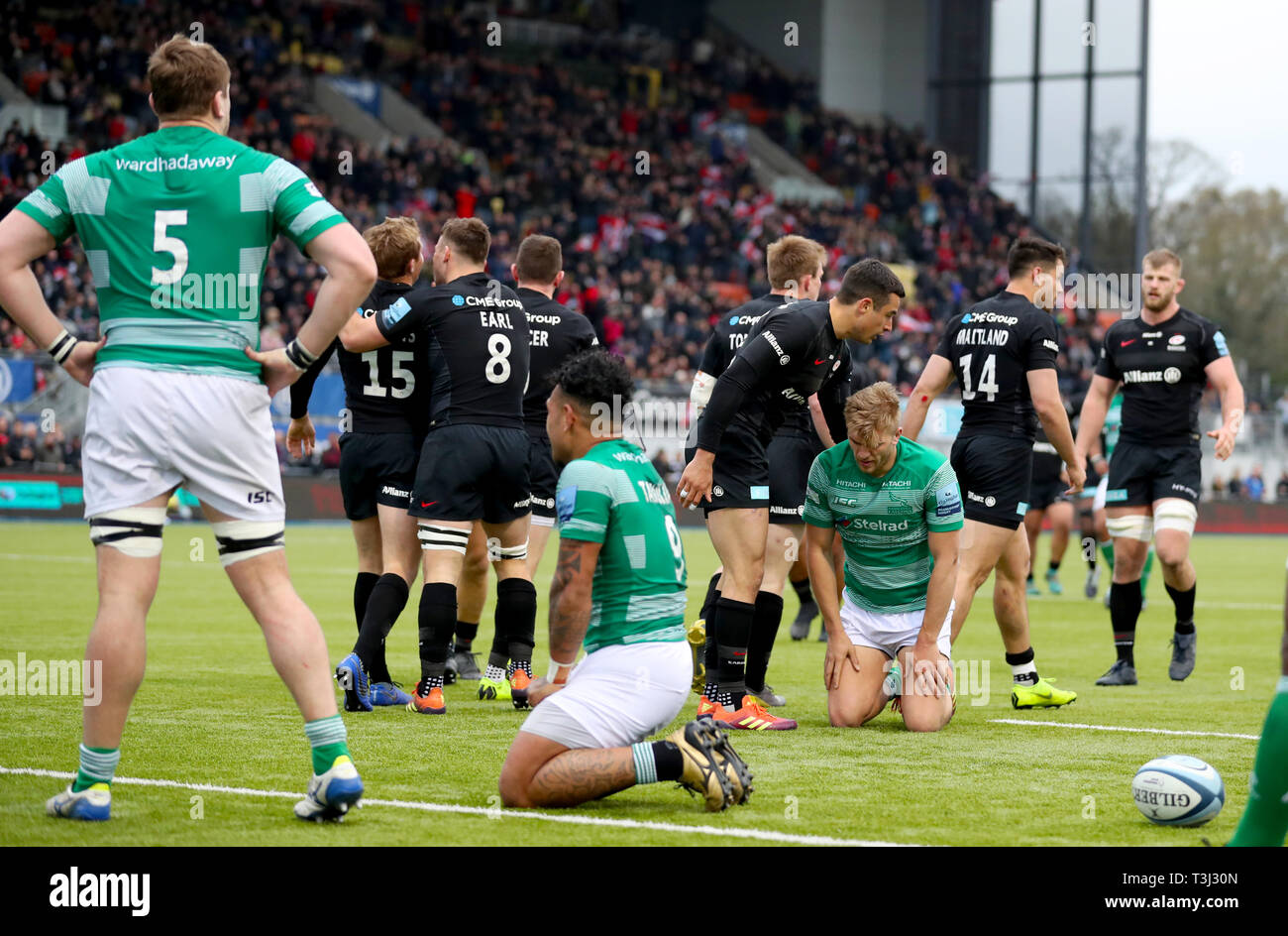 Newcastle Falcons looks dejected after Saracens score a try during the Gallagher Premiership match at Allianz Park, London. Stock Photo