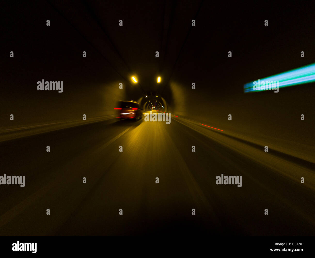 Long exposure from a car in Tunnel. Transportation background. Stock Photo