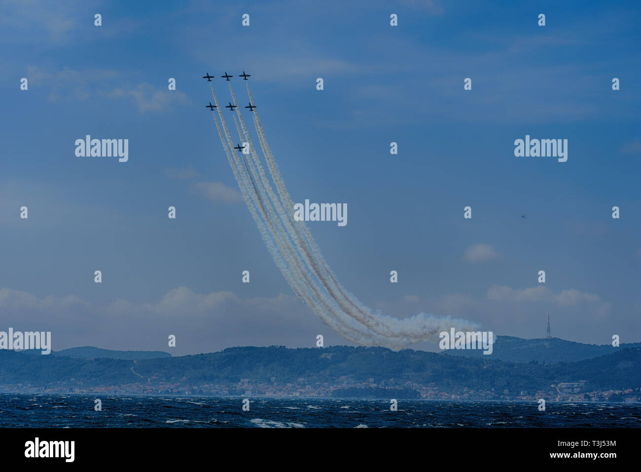Frecce tricolori at Zadar 4. April 2019. flying with 30 knots south wind Stock Photo
