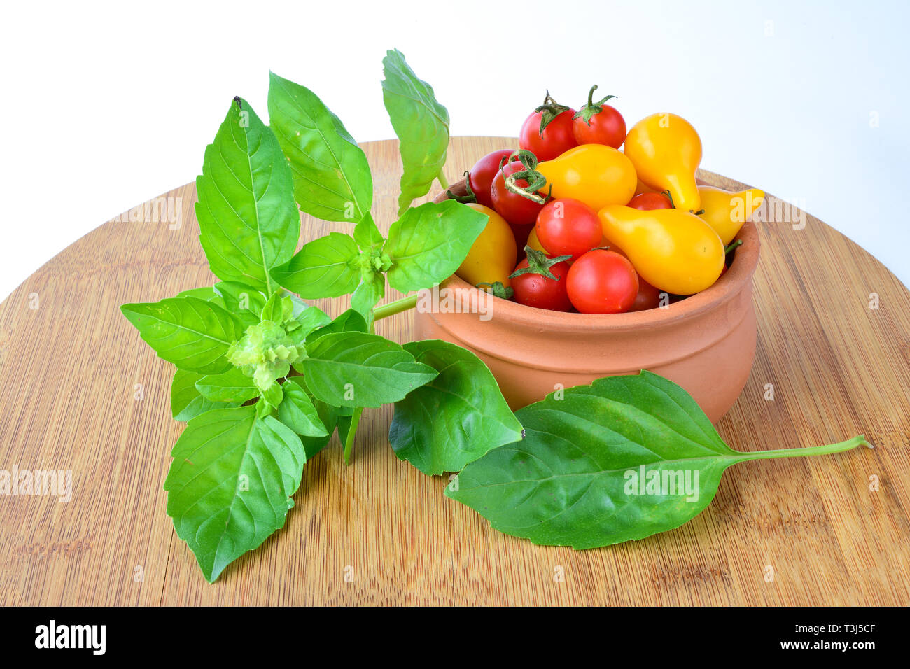 Green fresh aromatic basil and red and yellow cherry tomato in a clay pot on wooden bamboo chopping board over white Stock Photo