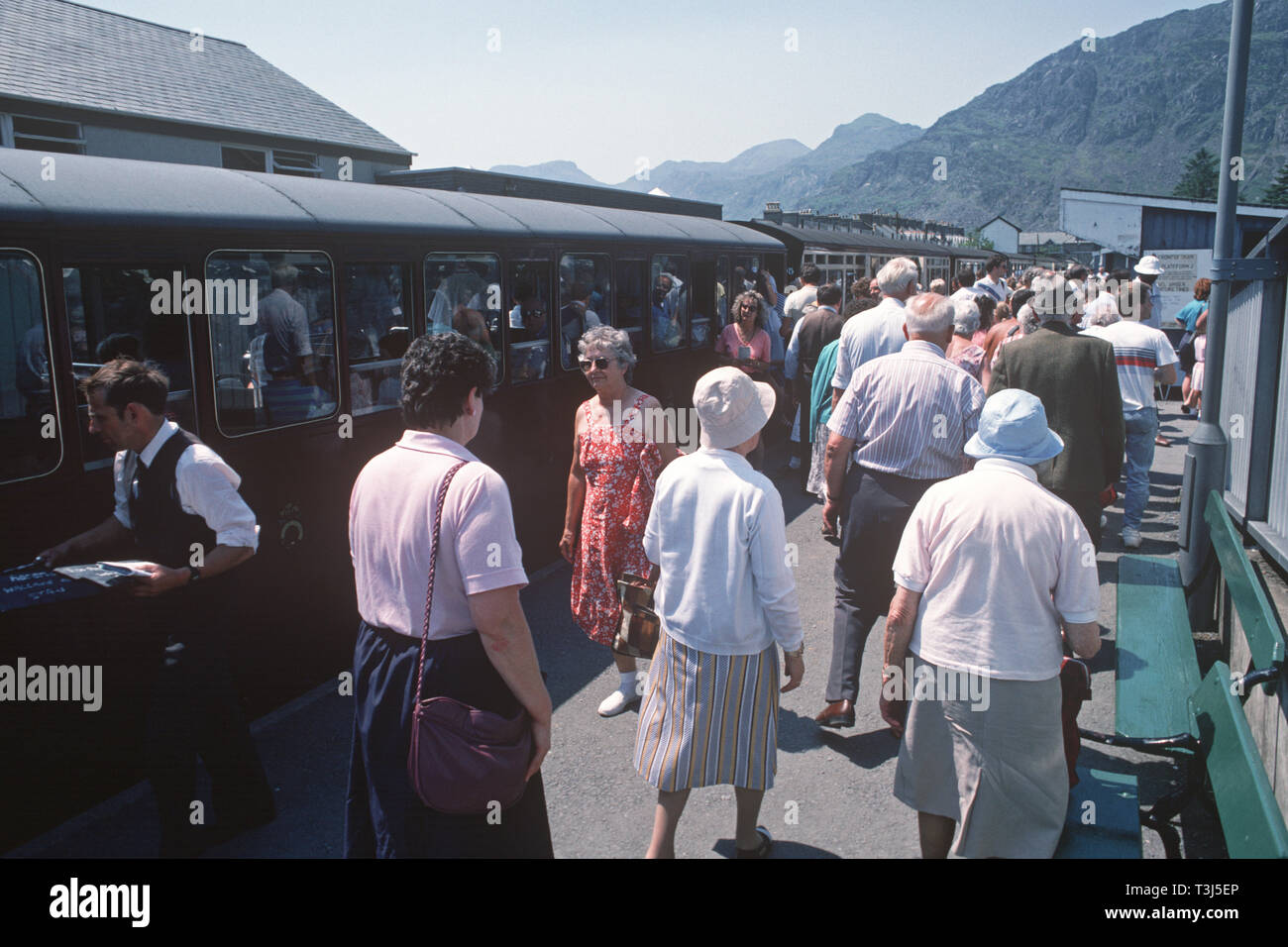 Holiday makers at Porthmadog railway station on the Ffestiniog Railway