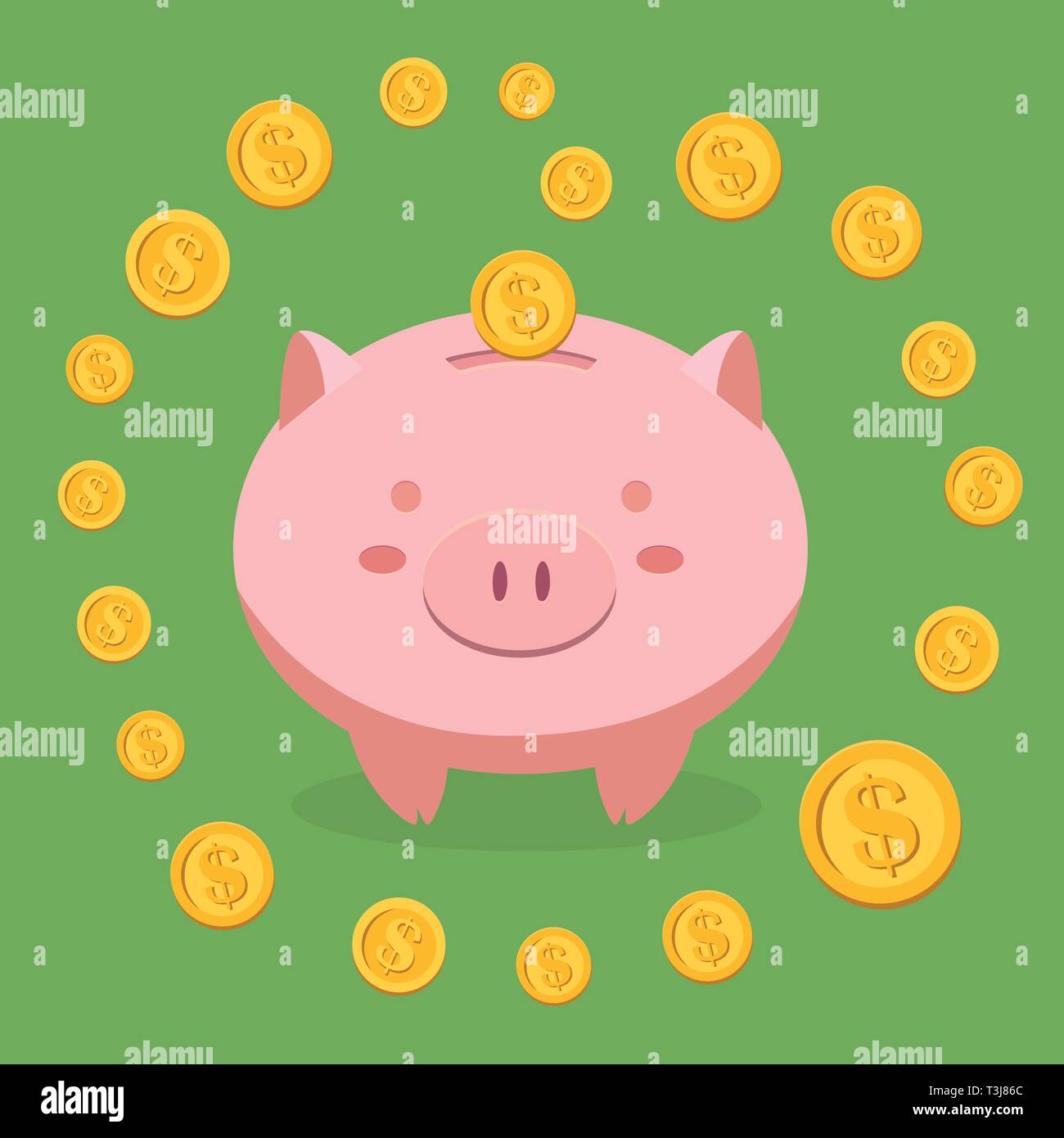 Piggy Bank Savings Surrounded by Coin Money on Green Background Vector ...