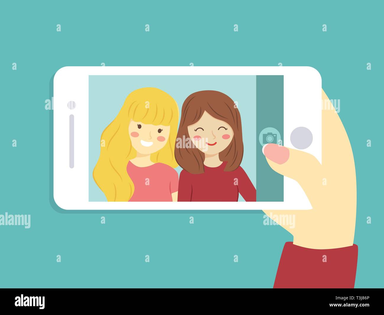 Vector illustration of two girls take a selfie picture with smart phone. Stock Vector