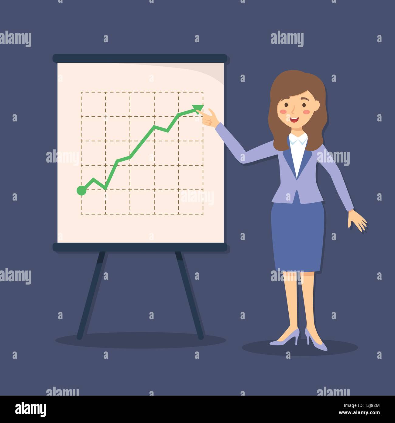 Vector illustration of businesswoman giving presentation growing with arrow up and increased business progress on blue background. Stock Vector