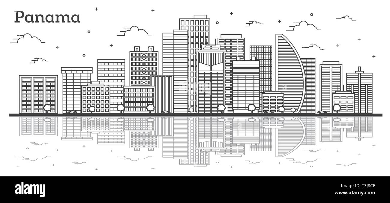 Outline Panama City Skyline with Modern Buildings and Reflections Isolated on White. Vector Illustration. Panama Cityscape with Landmarks. Stock Vector