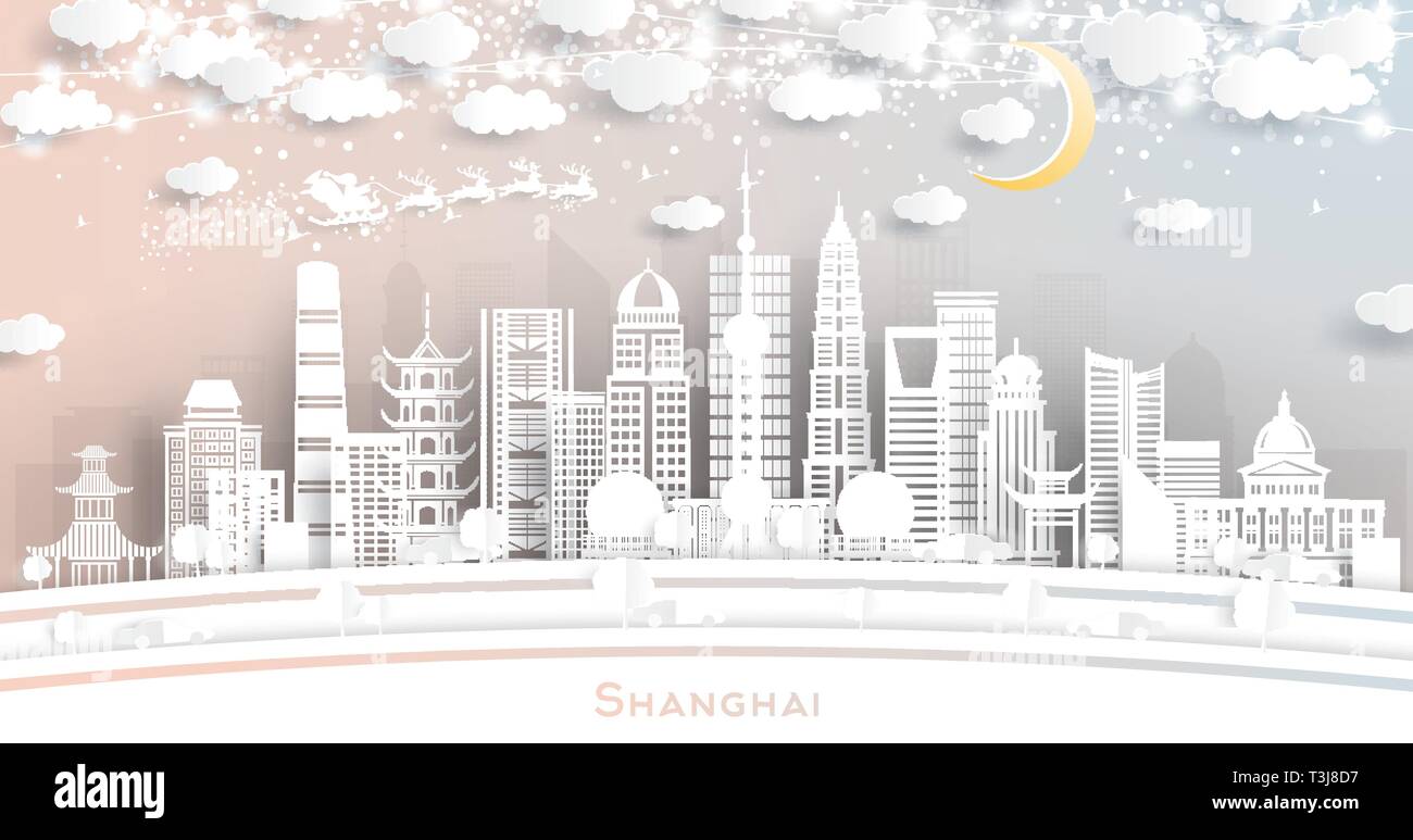 Shanghai China City Skyline In Paper Cut Style With Snowflakes Moon And Neon Garland Vector Illustration Christmas And New Year Concept Stock Vector Image Art Alamy