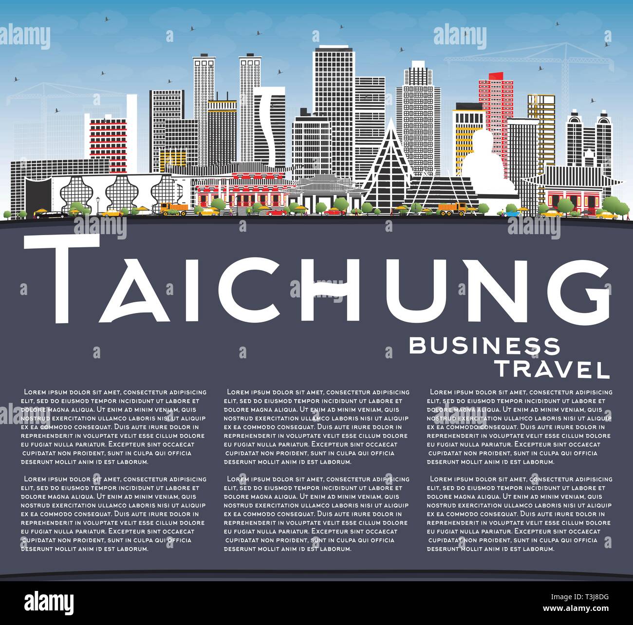 Taichung Taiwan City Skyline with Gray Buildings, Blue Sky and Copy Space. Vector Illustration. Stock Vector