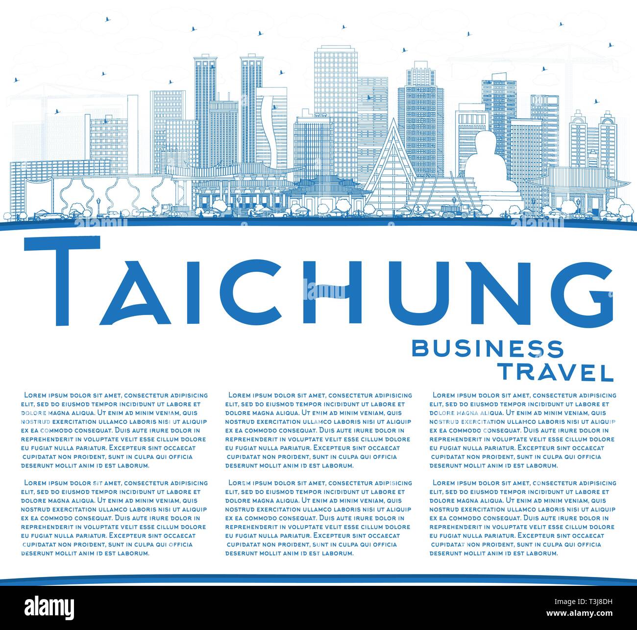 Outline Taichung Taiwan City Skyline with Blue Buildings and Copy Space. Vector Illustration. Stock Vector