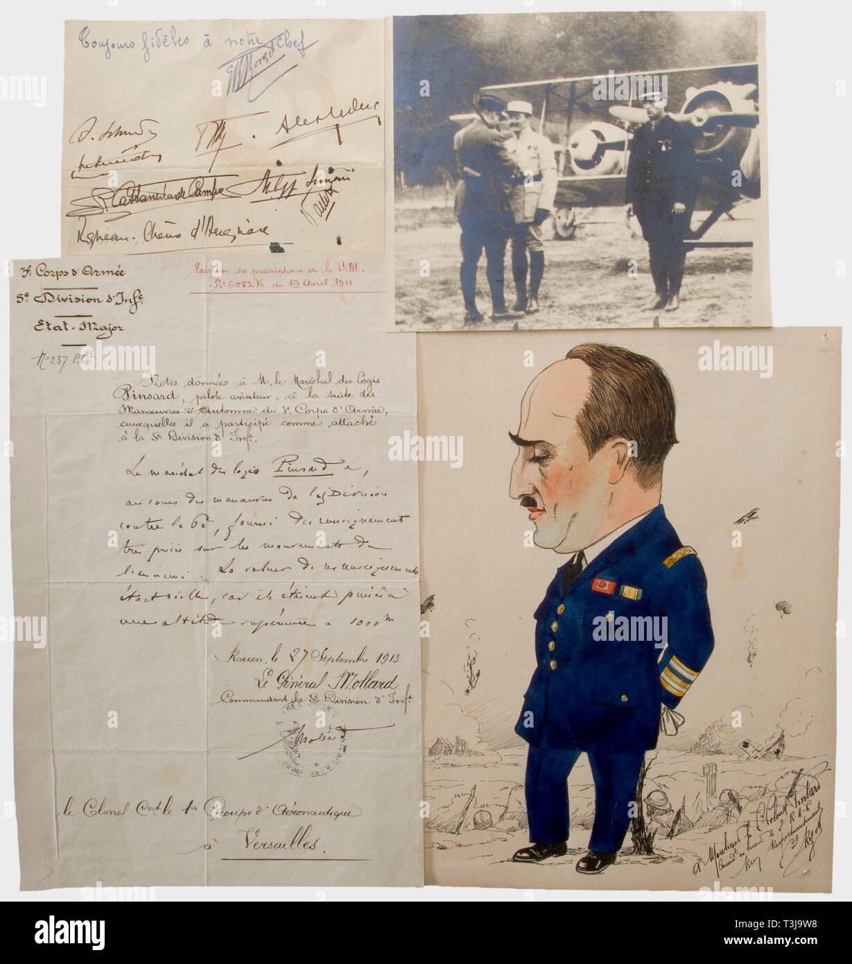 Armand Pinsard (1887 - 1953), documents and correspondence A caricature of Pinsard in the uniform of a Luftwaffe colonel, ink, watercolour, dedicated at the lower right. Dimensions 21 x 26 cm. Take-off confirmation for a flight on 20 June 1914 at Reims (Centre d'Aviation Militaire) ca. DIN A5, hectographed, ink signature. Typed invitation from the Aero-Club de France for the Award of the Great Gold Medal, January 1917. Typed letter from the Aero-Club be Belgique for the award of the medal on the occasion of the meeting for the VII Olympiad in Antwerp, October, 1920. Handwri, Editorial-Use-Only Stock Photo