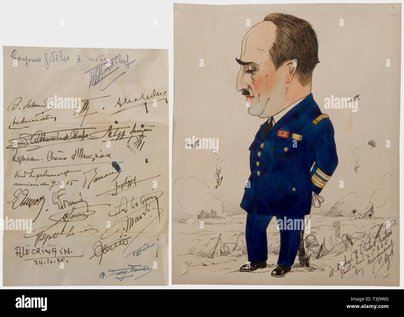 Armand Pinsard (1887 - 1953), documents and correspondence A caricature of Pinsard in the uniform of a Luftwaffe colonel, ink, watercolour, dedicated at the lower right. Dimensions 21 x 26 cm. Take-off confirmation for a flight on 20 June 1914 at Reims (Centre d'Aviation Militaire) ca. DIN A5, hectographed, ink signature. Typed invitation from the Aero-Club de France for the Award of the Great Gold Medal, January 1917. Typed letter from the Aero-Club be Belgique for the award of the medal on the occasion of the meeting for the VII Olympiad in Antwerp, October, 1920. Handwri, Editorial-Use-Only Stock Photo