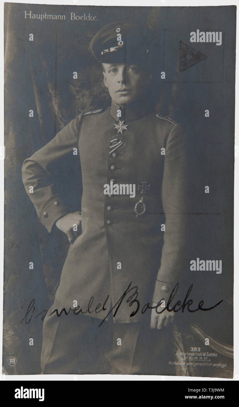 First Lieutenant Max Immelmann (1890-1916), an ink signature by Boelcke Sanke portrait postcard no. 363 with full name inscription 'Oswald Boelcke'. Unmailed. Rare autograph of Boelcke, next to Immelmann the most successful fighter pilot of the early war years. Until his death on 28th October 1916, he achieved a total of 40 air victories. Boelcke even trained Immelmann on the Fokker, albeit during one single flight. Only two days later, on 1st August 1915, Immelmann gained his first air victory with the second Fokker of the unit - an almost incre, Additional-Rights-Clearance-Info-Not-Available Stock Photo