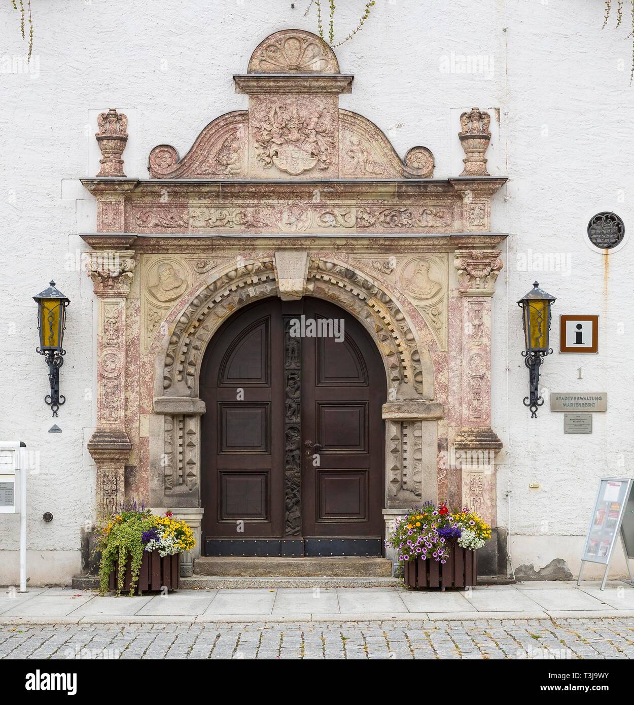 Portal at the Renaissance town hall in Marienberg, Ore Mountains region, Saxony, Germany Stock Photo