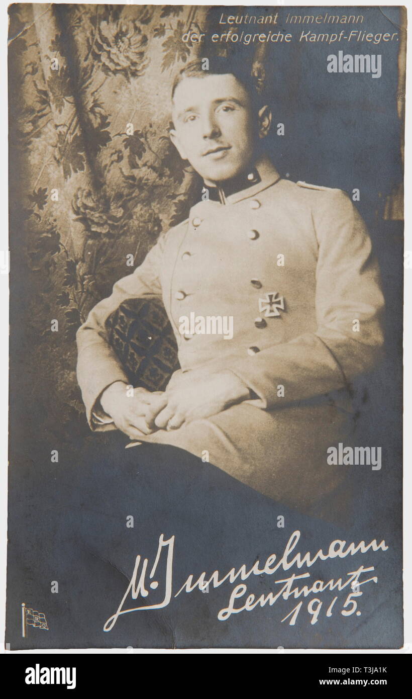 First Lieutenant Max Immelmann (1890 - 1916), a signed portrait postcard Emil Richter postcard, captioned 'Lieutenant Immelmann the successful fighter pilot', the picture with an exposed signature, on the back signed in ink 'M. Immelmann Lieutenant Dec. 1915'. Nice, early autograph. Immelmann is already wearing the Iron Cross 1st Class, which he previously earned for his first air victory in August 1915. Until December 1915 he had already achieved a remarkable seven air victories. people, 1910s, 20th century, troop, troops, armed forces, military, Additional-Rights-Clearance-Info-Not-Available Stock Photo