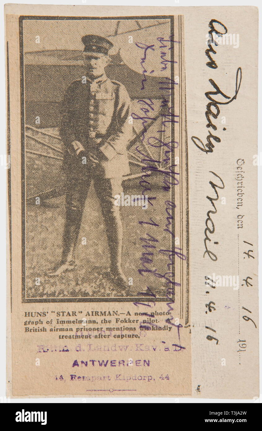 First Lieutenant Max Immelmann (1890 - 1916), an English newspaper clipping with Immelmann autograph Newspaper picture of Immelmann in front of an aircraft, captioned 'Huns' 'Star' Airman. - A new photograph of Immelmann, the Fokker pilot. British airman prisoner mentions his kindly treatment after capture'. On field postcard, labelled on the edge 'from Daily Mail 11.4.16', addressed by a captain of the Antwerp Landwehr Cavalry to Immelmann, stamped 'Imperial Government Antwerp - press officer'. On the clipping a handwritten note by Immelmann 'De, Additional-Rights-Clearance-Info-Not-Available Stock Photo