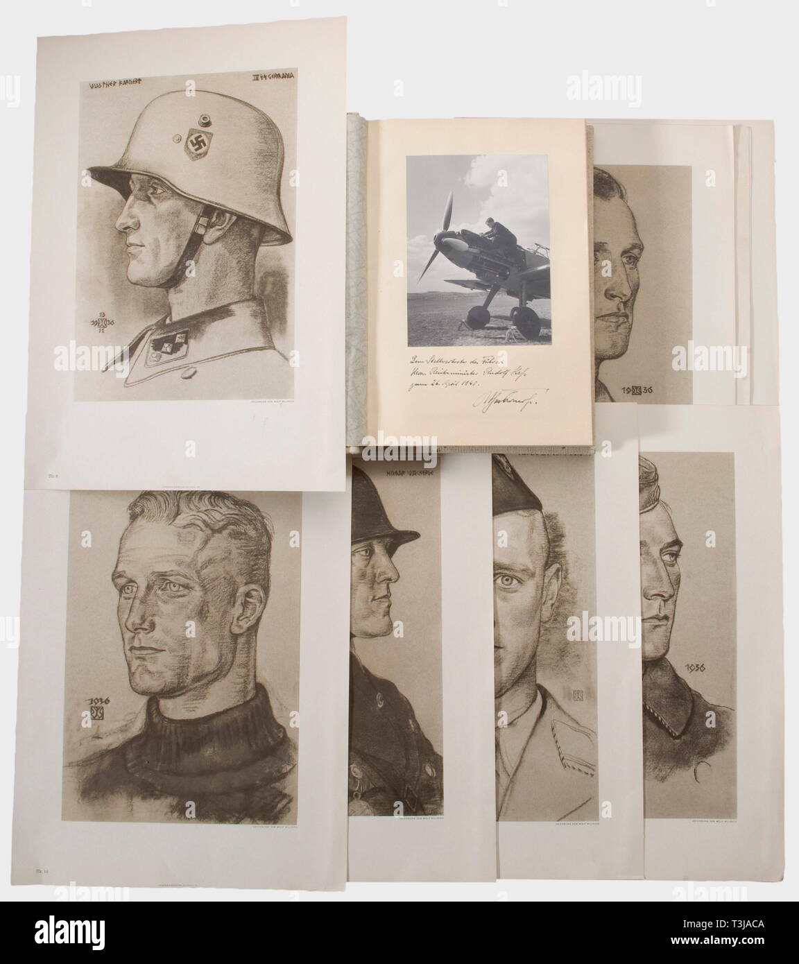 Rudolf Heß, a stereogram album, model plants 1939, and twelve Willrich prints 'The National Socialist Model Plants 1939' complete with pictures and glasses, nearly new, and with the dedication on the flyleaf, 'Dem Stellvertreter des Führers - Herrn Reichsminister Rudolf Hess zum 26. April 1940 Achenbrenner(?)' (To the Führer's Deputy - Reichs Minister Rudolf Hess on 26 April 1940, Achenbrenner(?)). Also twelve rare printed plates with pictures of soldiers by Wolf Willrich 1936 - Förster & Borries, Zwickau. Dimensions 42 x 30 cm. Included is a portrait of Th. Wisch of the Ad, Editorial-Use-Only Stock Photo