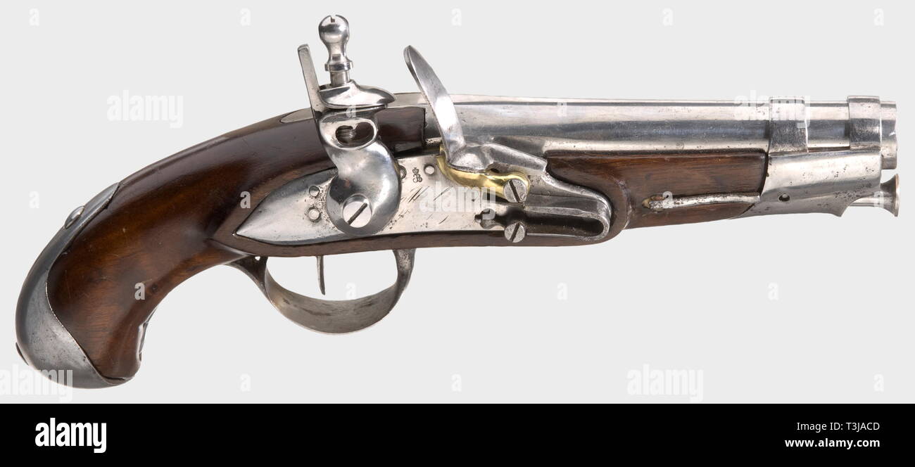 A Gendarmerie pistol M an IX, later used by a magician. Regulation model with iron mounts, brass pan and acceptance stamps. The ramrod guide equipped with small-calibre barrel in 5 mm calibre, ignition by a touch hole and a primer vent diagonally below the proper barrel, which the artist used for firing paper bullets. His partner pretended to catch the bullet with his mouth and used to present a genuine lead bullet which he had stuck in his mouth before, to the amazed spectators. Length 25 cm. Supposedly from the collection of the world famous ma, Additional-Rights-Clearance-Info-Not-Available Stock Photo