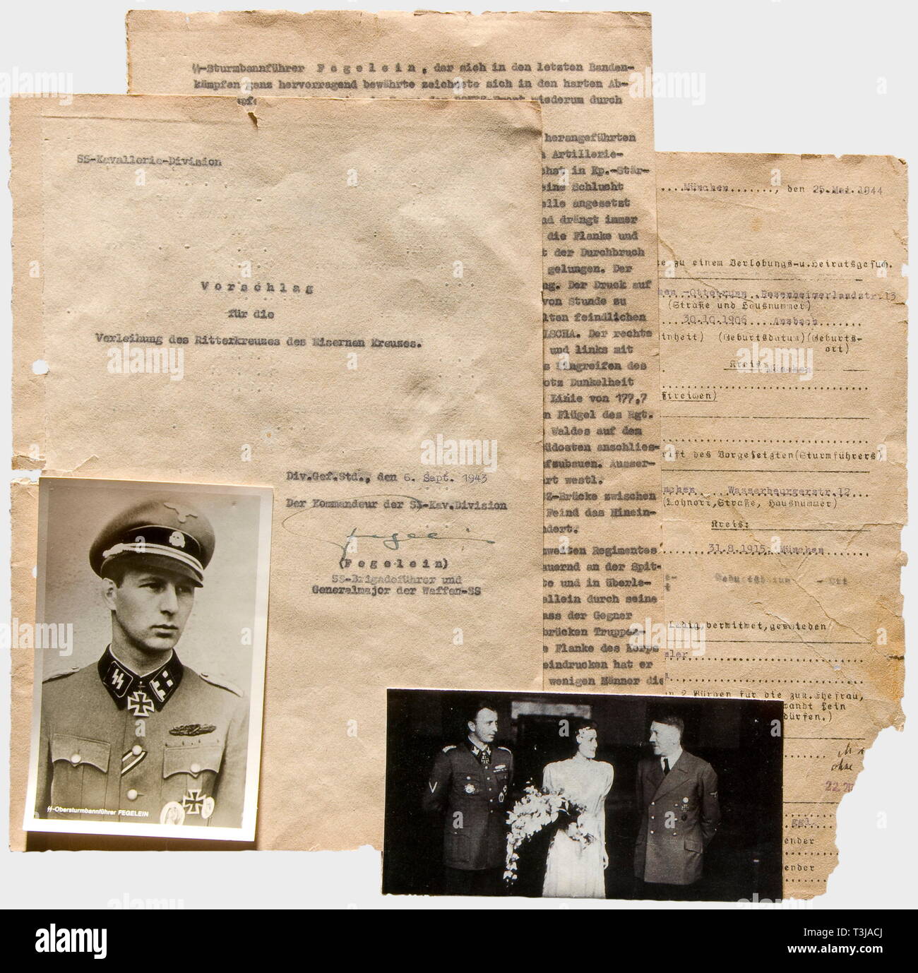 Hermann Fegelein - Waldemar Fegelein., Hermann Fegelein's 1944 marriage proposal and a 1943 recommendation for the Knight's Cross Marriage proposal, Munich 25 May 1944, to Margarethe Braun, the younger sister of Eva Braun. As witnesses, he named the Reichsführer-SS Heinrich Himmler and Reichsleiter Martin Bormann. Two pages, autograph signature in ink, 'Fegelein - SS-Brigadeführer and Generalmajor der Waffen-SS', damaged. Also a recommendation for the award of the Knight's Cross of the Iron Cross to his brother Waldemar Fegelein, 6 September 1943, with an autograph signatur, Editorial-Use-Only Stock Photo