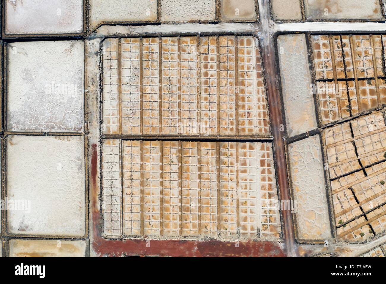 Salt extraction plant, Salinas de Janubio, near Yaiza, drone shot, Lanzarote, Canary Islands, Spain Stock Photo
