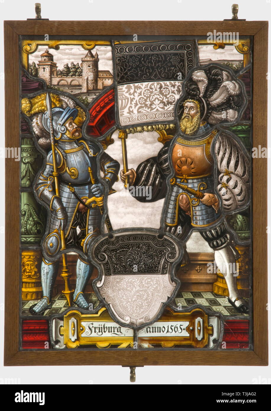 A pair of leaded glass panels displaying coats of arms, Germany or Switzerland, 2nd half of the 19th century Lavishly crafted leaded glass panels with fine 'Schwarzlot'-painting on glass of varying colours in the style of the 16th century. Central coat of arms shields of the Cities of Zurich and Freiburg, each flanked by the standing figure of a Landsknecht. Architectural setting in the background. One panel dated '1565'. Both panels are signed 'J' with a crown. In wooden frames provided with brass suspension rings. Dimensions of each 46 x 36 cm., Additional-Rights-Clearance-Info-Not-Available Stock Photo