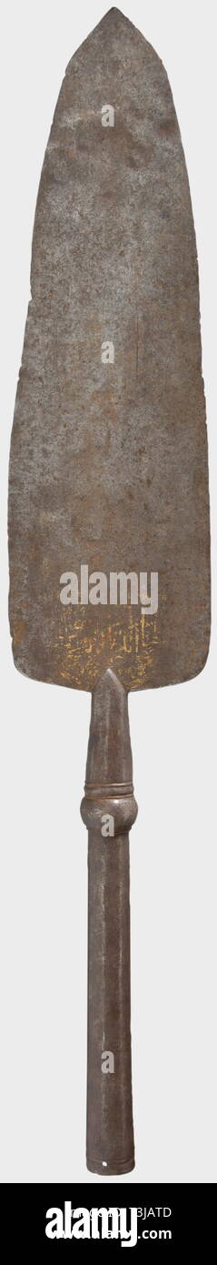 A Mameluke standard, Egypt, circa 1500 Forged iron blade with several narrow grooves, at the base of the blade on both sides a medallion (partially rubbed) with gold-inlaid "Sülüs" inscription. Octagonal socket divided by a moulding. Length 68 cm. Extremely rare standard, which has been captured by Sultan Selim I in 1517 from the Mamelukes. Cf. Fulya Bodur, The Art of Turkish Metalworking, Istanbul 1987, pp. 162, 164. Provenance, Hermann Historica, auction 44, 16th May 2003, lot 279. historic, historical, 16th century, Ottoman Empire, object, obj, Additional-Rights-Clearance-Info-Not-Available Stock Photo