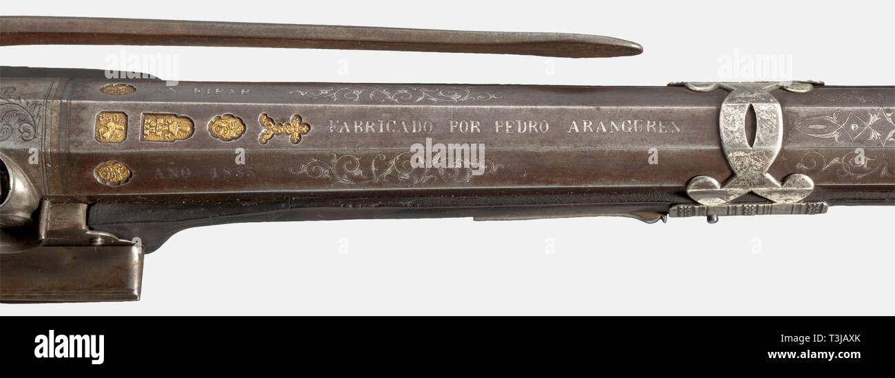 https://c8.alamy.com/comp/T3JAXK/a-percussion-shotgun-pedro-aranguren-in-eibar-dated-1855-octagonal-barrel-becoming-round-after-a-cut-baluster-with-a-lightly-swamped-muzzle-in-19-mm-calibre-and-several-gold-filled-marks-and-a-silver-inlaid-signature-on-the-breech-cut-percussion-lock-the-lockplate-inscribed-aragon-dark-typically-shaped-half-stock-with-a-long-belt-hook-on-the-left-side-iron-and-silver-furniture-the-trigger-guard-also-bears-a-gold-filled-mark-wooden-ramrod-with-brass-tip-length-101-cm-historic-historical-19th-century-civil-long-guns-gun-weapon-additional-rights-clearance-info-not-available-T3JAXK.jpg