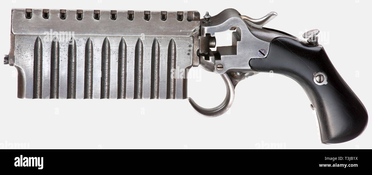 A rare Jarre pistol, France, circa 1880. In 7 mm Lefaucheux calibre. No. 469. Matching numbers. Ten-shot, pivoting rotatable barrel group. Receiver with double-action trigger. Smooth, blackened grip panels. A cartridge case ejector screwed into the grip frame. Metal parts with remnants of bluing. Length in carrying configuration 20 cm. When ready to fire 12.5 cm. Rare harmonica pistol according to the patent for A. Etienne and P.J. Jarre. The barrel group, operated by the double action trigger, moves from left to right as it is fired, allowing te, Additional-Rights-Clearance-Info-Not-Available Stock Photo