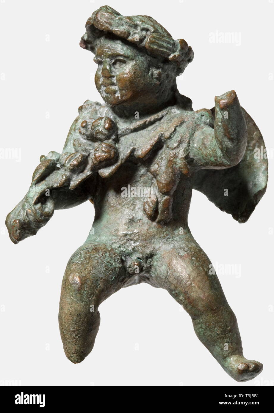 A Roman putto seated in riding position, 1st - 2nd century A.D. Cast bronze complemented by cold-working. The boy was probably originally riding a dolphin, the left arm raised, wearing around his neck a fruit garland, the head crowned with a leaf wreath, the finely modelled head with pierced eyes turned slightly to the left. Fine, dark green patina, the right foot and left hand missing, the wings slightly damaged. Height 7.8 cm. A well-crafted small bronze figure of Roman origin. Provenance: German private collection, 1970s. historic, historical,, Additional-Rights-Clearance-Info-Not-Available Stock Photo