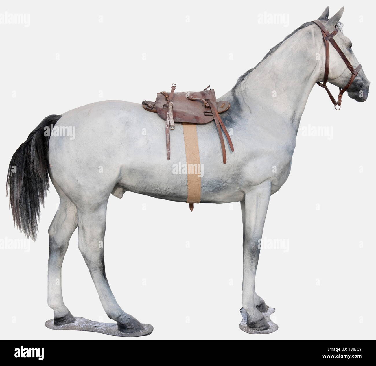 A grey life-size resin horse, with pony tail and mane, and with parts of saddle and bridle. Height approx. 2,20 m, length approx. 2,50 m. historic, historical, 20th century, fine arts, art, art object, art objects, artful, precious, collectible, collector's item, collectibles, collector's items, rarity, rarities, Additional-Rights-Clearance-Info-Not-Available Stock Photo