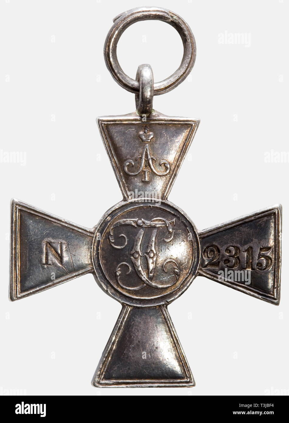 A Cross of St. George, for Prussian troops Russia, 1839. No class. Silver, the reverse with tsarist cipher 'A I' (for Alexander I) and stamped wearer number '2315'. The vertical eyelet altered at the time of use for wear on a medals clasp. Of the 4,500 pieces manufactured, 4,264 were actually awarded. Very rare. historic, historical, 19th century, medal, decoration, medals, decorations, badge of honour, badge of honor, badges of honour, badges of honor, object, objects, stills, clipping, clippings, cut out, cut-out, cut-outs, Additional-Rights-Clearance-Info-Not-Available Stock Photo